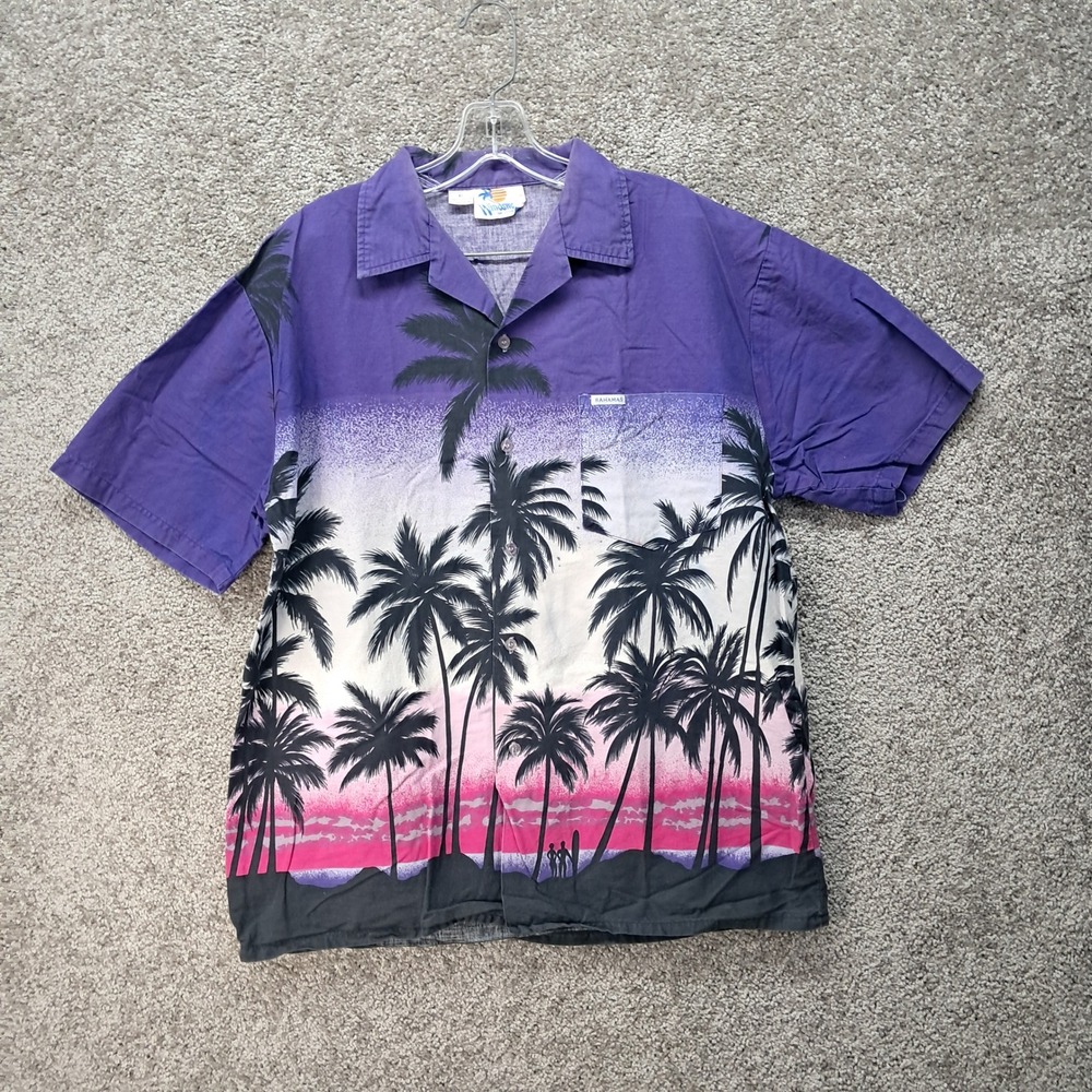 Windswept Bahamas Mens XL Purple Sunset Palm Tree Cotton Hawaiian Shirt